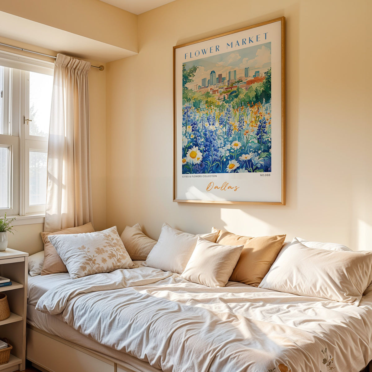 Dallas flower market print in an oak frame above a cream daybed in a sunny bedroom