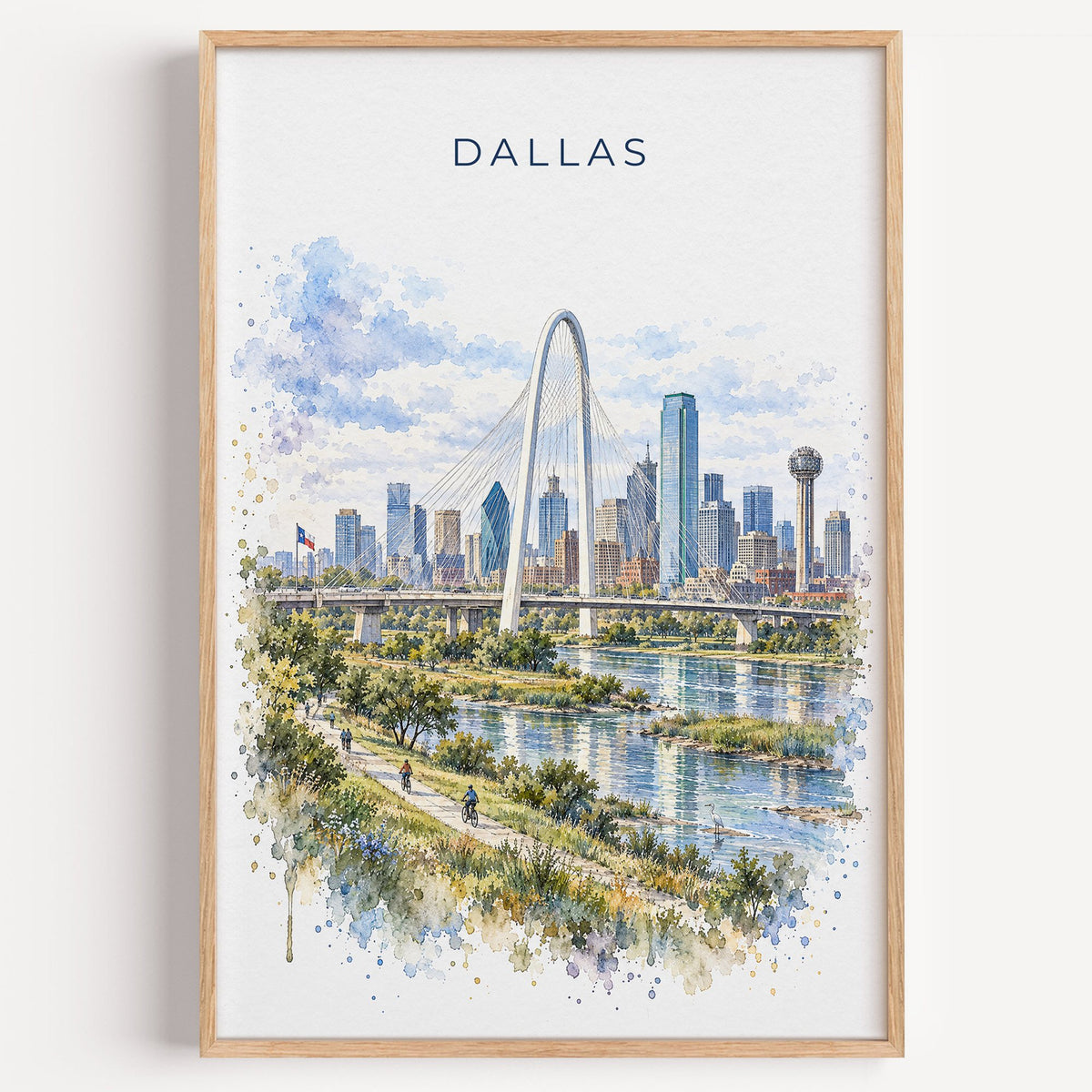 Dallas watercolor print in a light oak frame on a plain white wall