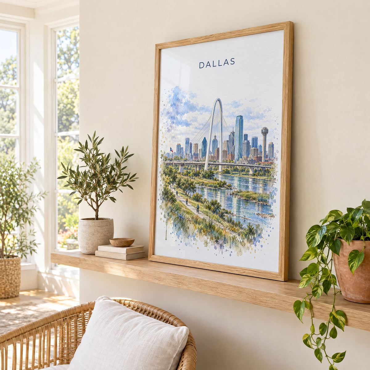 Dallas watercolor print in an oak frame on a picture ledge in a sunlit sunroom