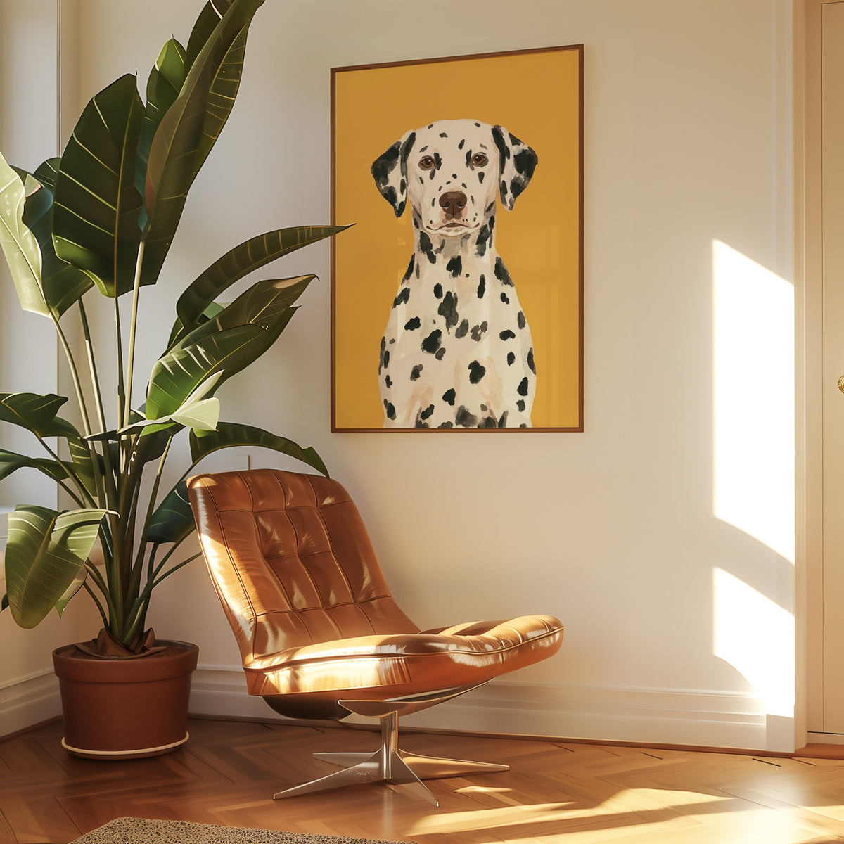 Watercolor Dalmatian print in a slim walnut frame above a tan leather lounge chair