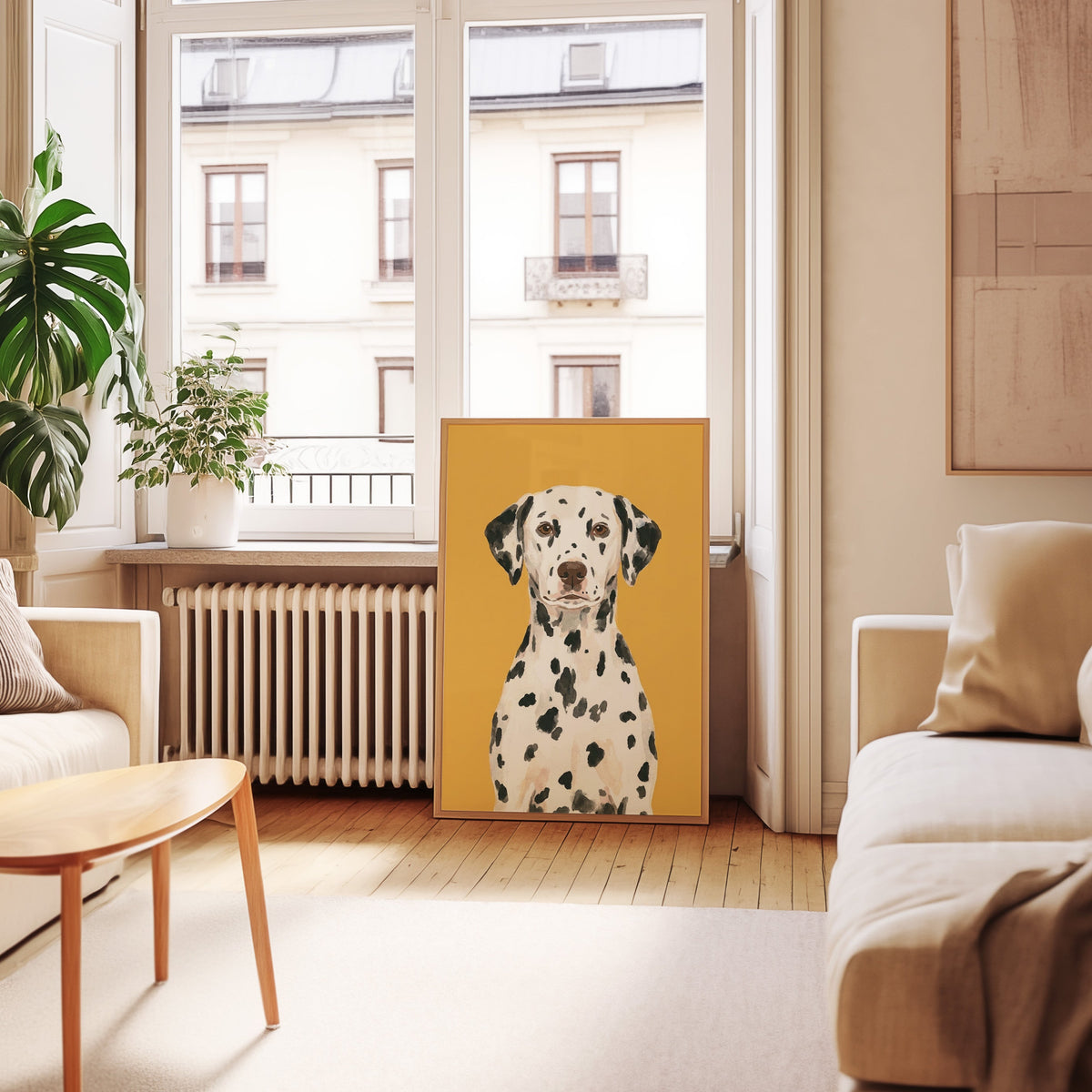 Mustard Dalmatian print in an oak frame leaning below tall French windows