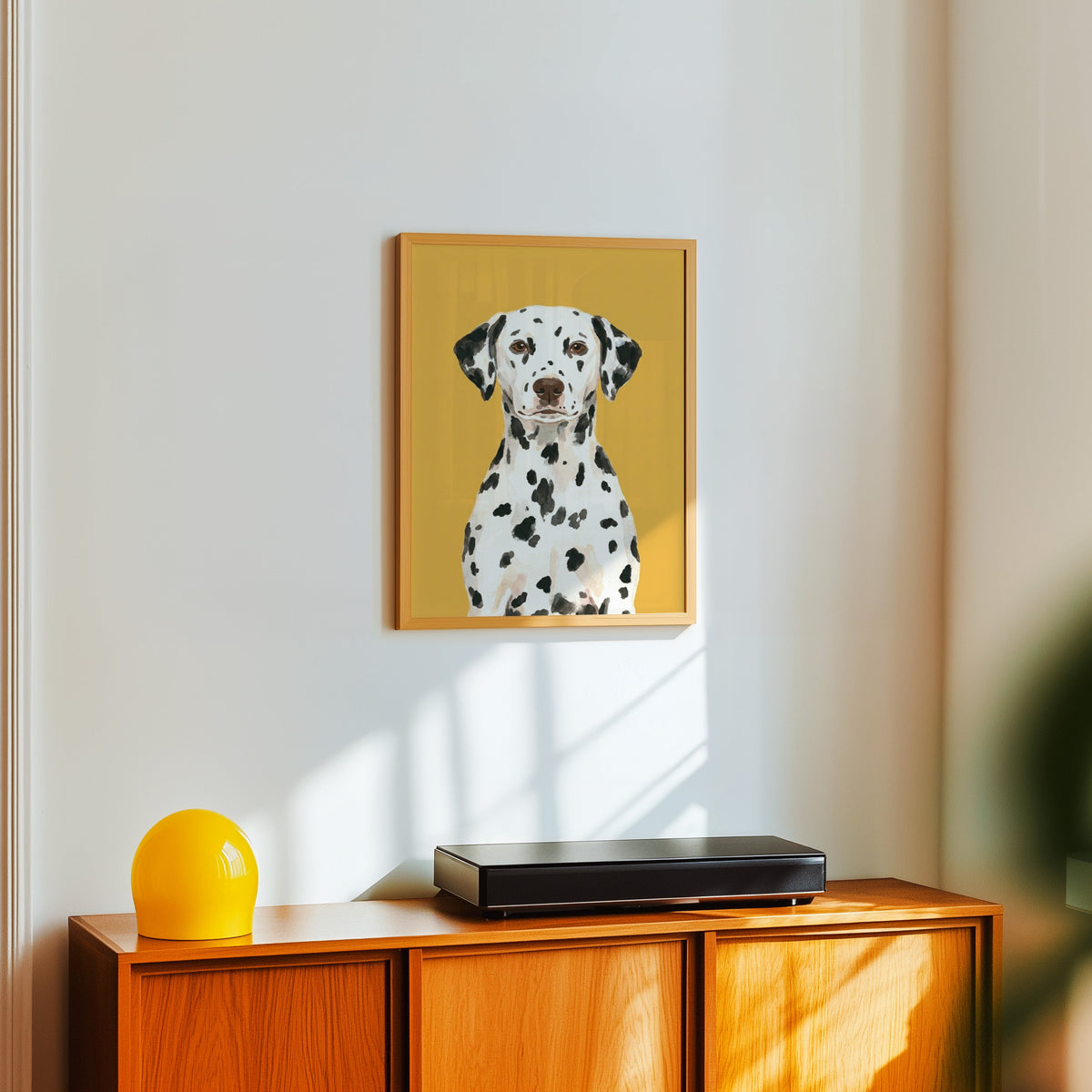 Realistic dog portrait print in a light oak frame above a teak sideboard with a yellow lamp