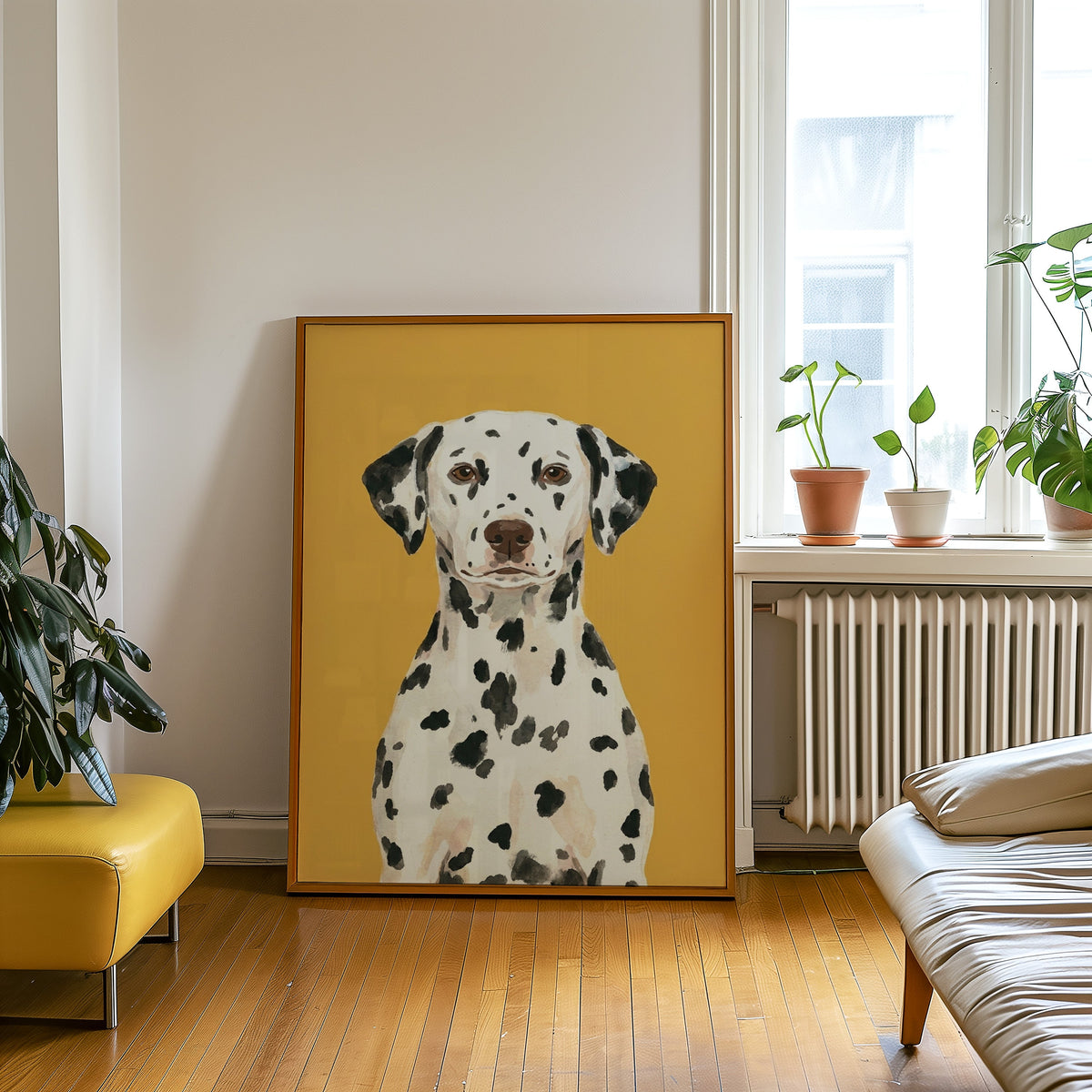 Spotted dog portrait print in an oak frame leaning beside a yellow leather bench