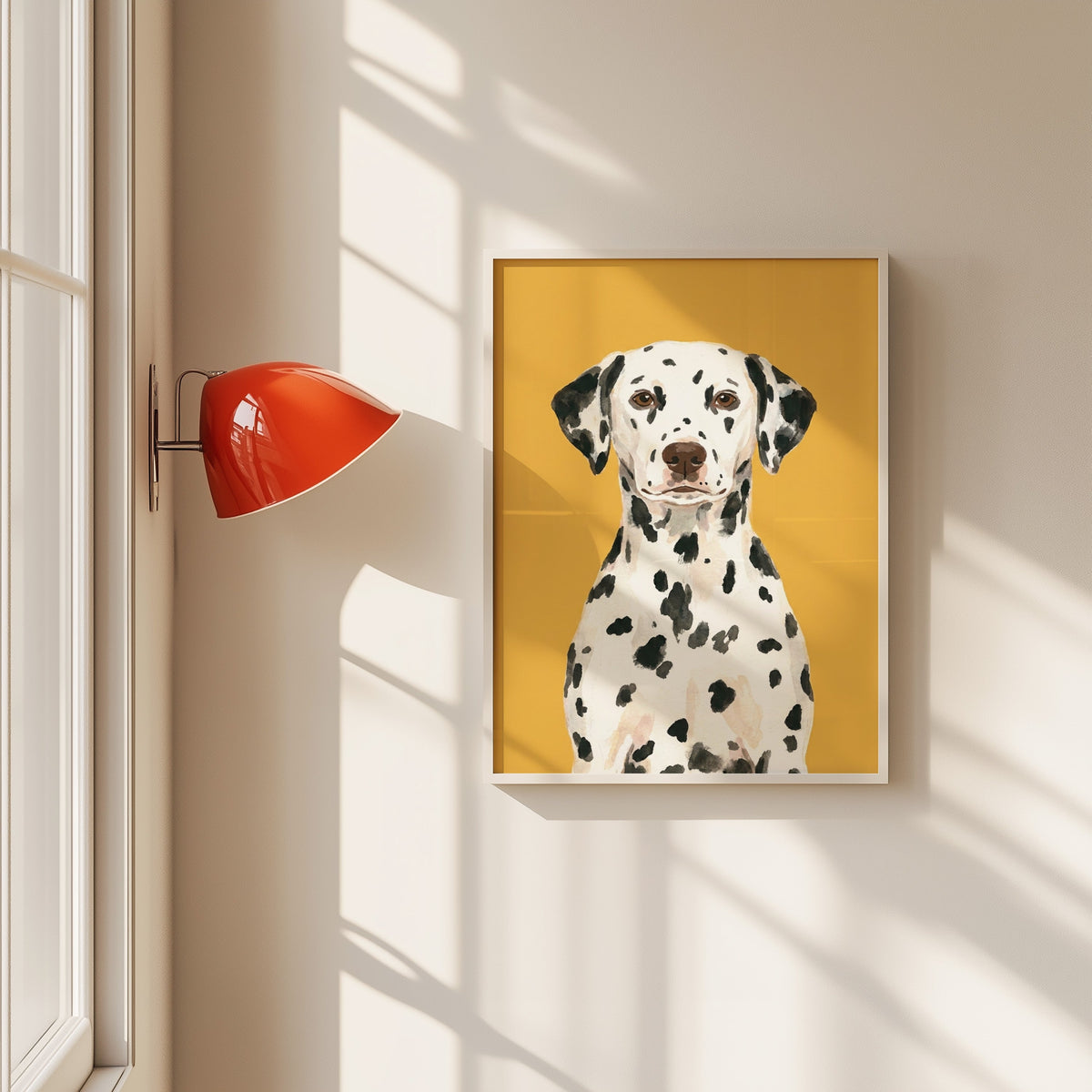 Dalmatian portrait print in a white frame beside a red wall sconce
