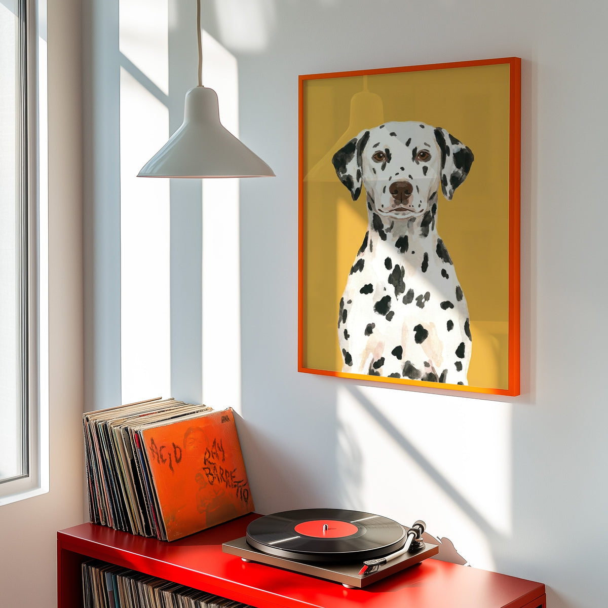 Mustard Dalmatian print shown in an orange frame above a red record cabinet and turntable