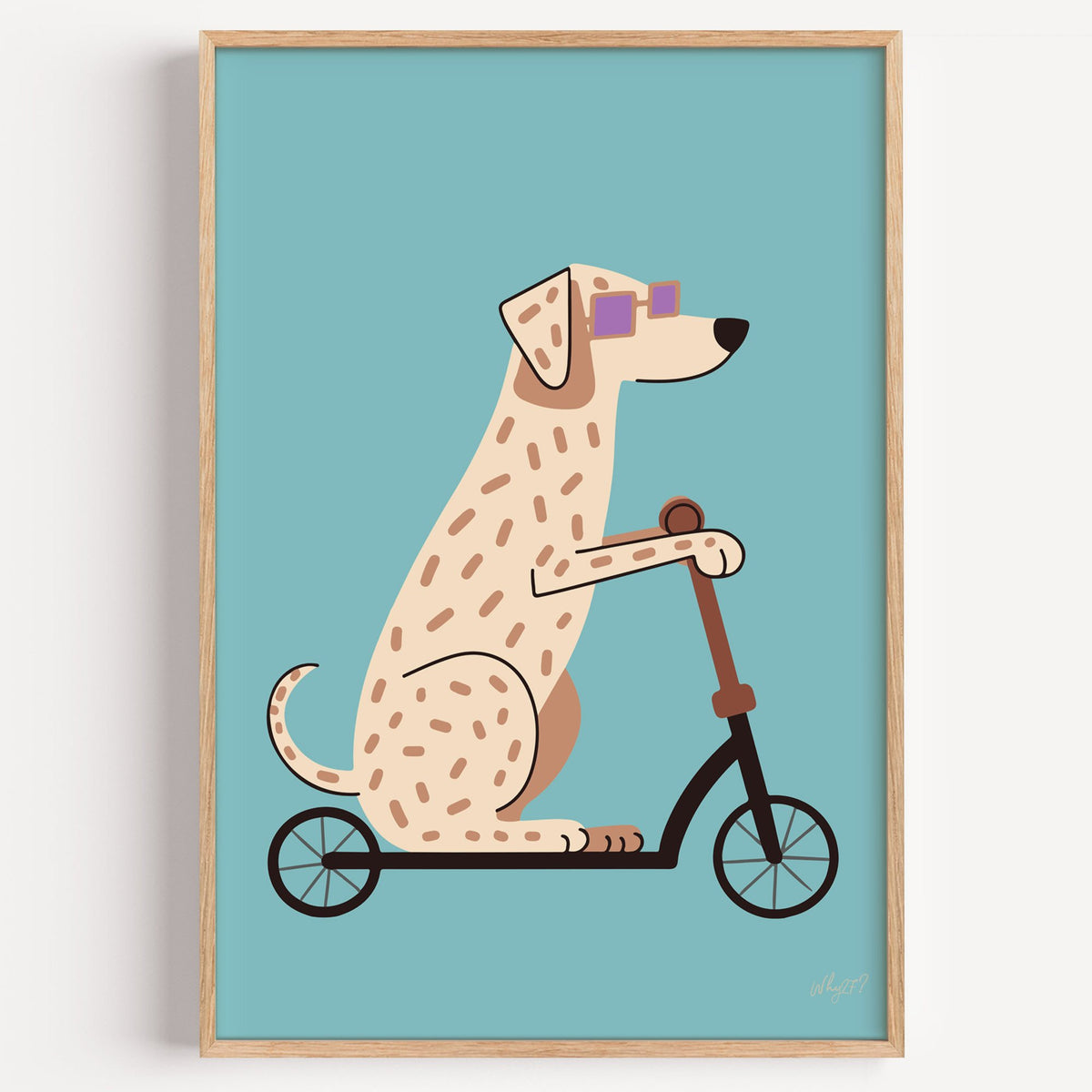 Dalmatian on scooter with purple glasses nursery print in a light oak frame on a plain white wall