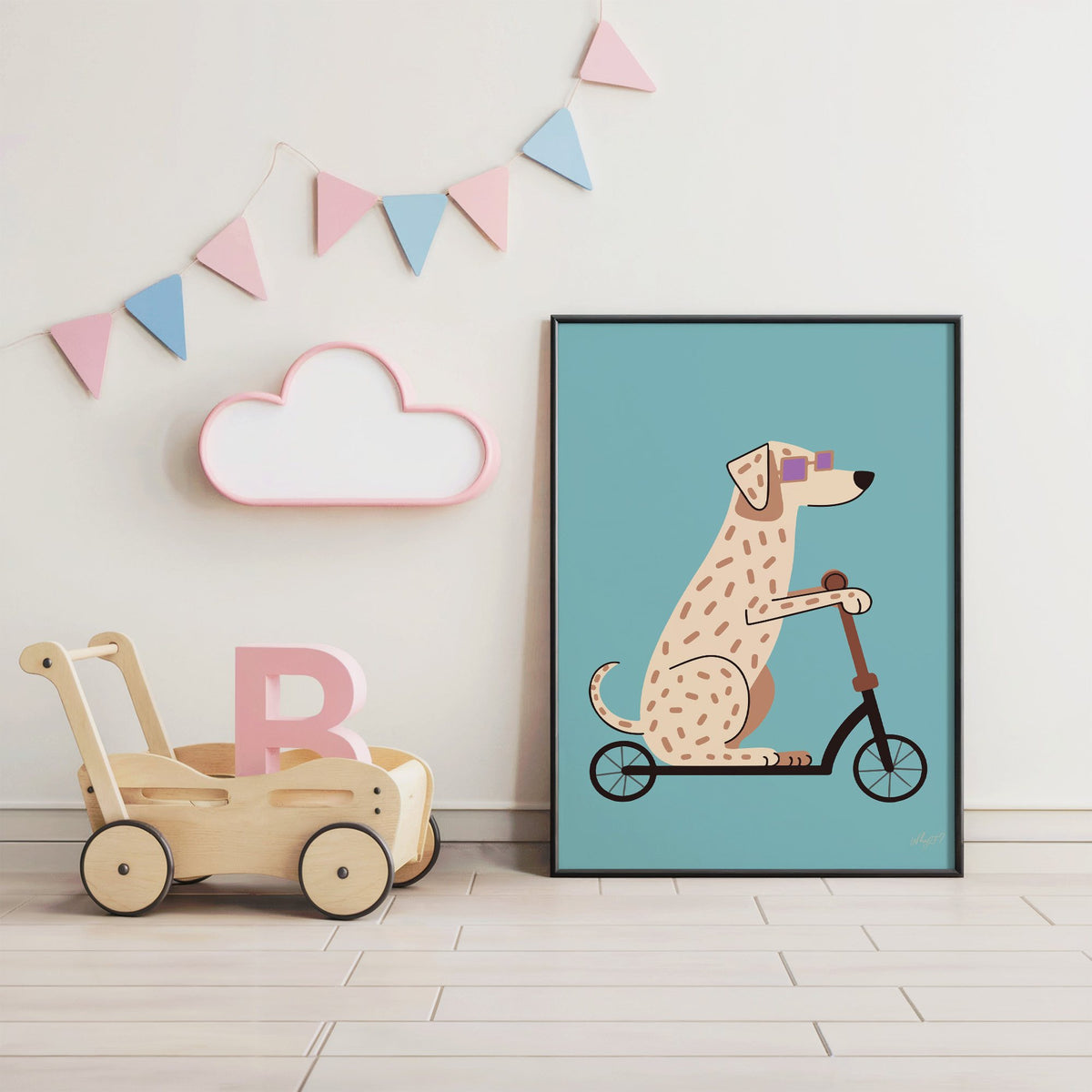Dalmatian on scooter with purple glasses nursery print in a black frame under pastel bunting by a wooden baby walker