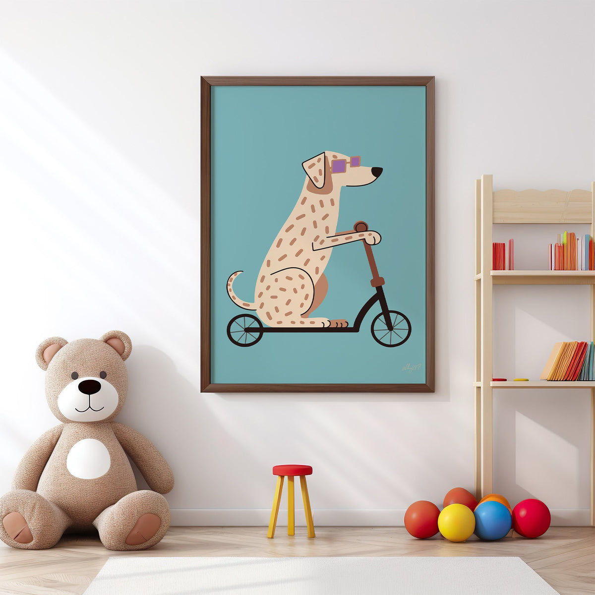Dalmatian on scooter with purple glasses nursery print in a walnut frame above a big teddy bear by a bookshelf