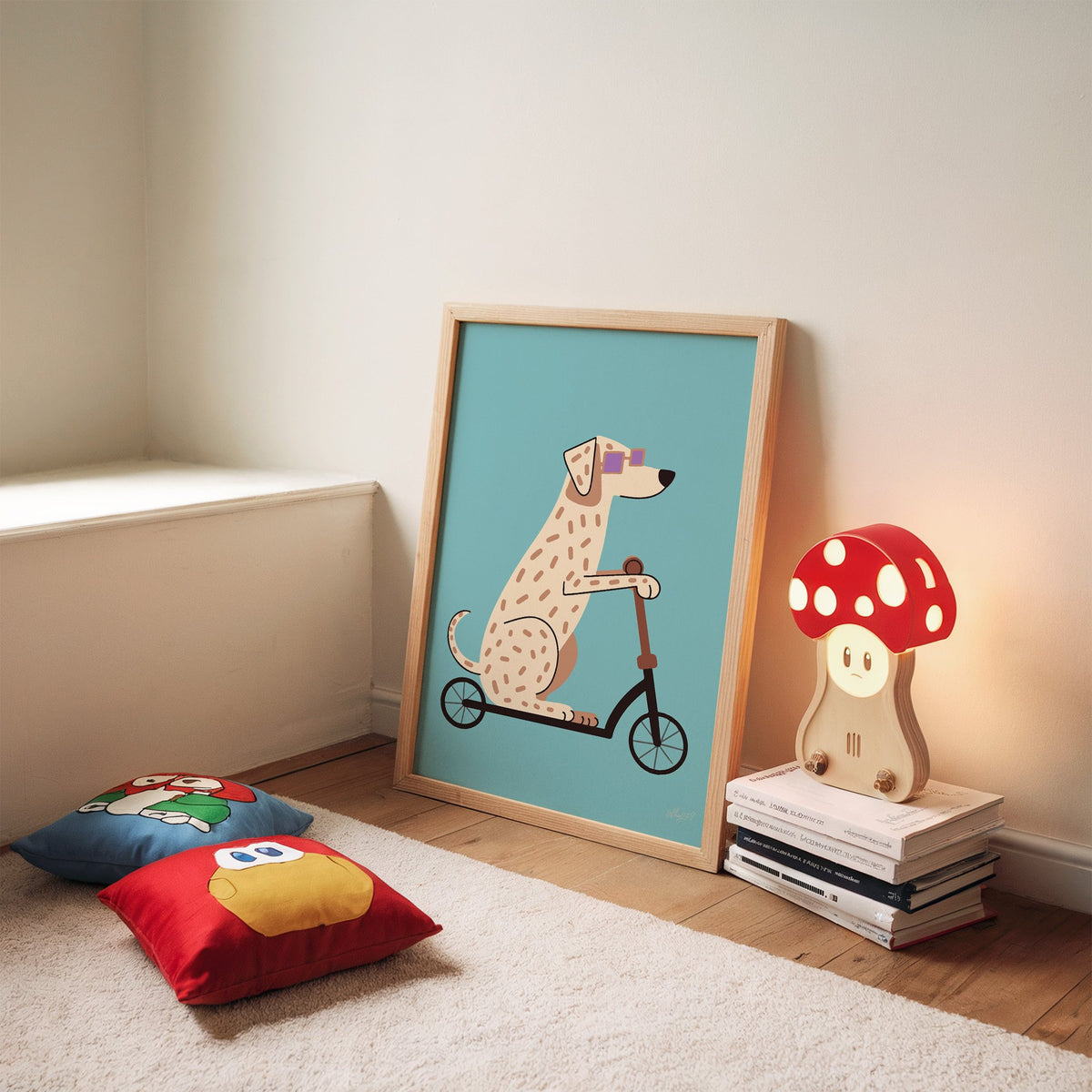 Dalmatian on scooter with purple glasses nursery print in an oak frame leaning on a rug beside a mushroom lamp and floor