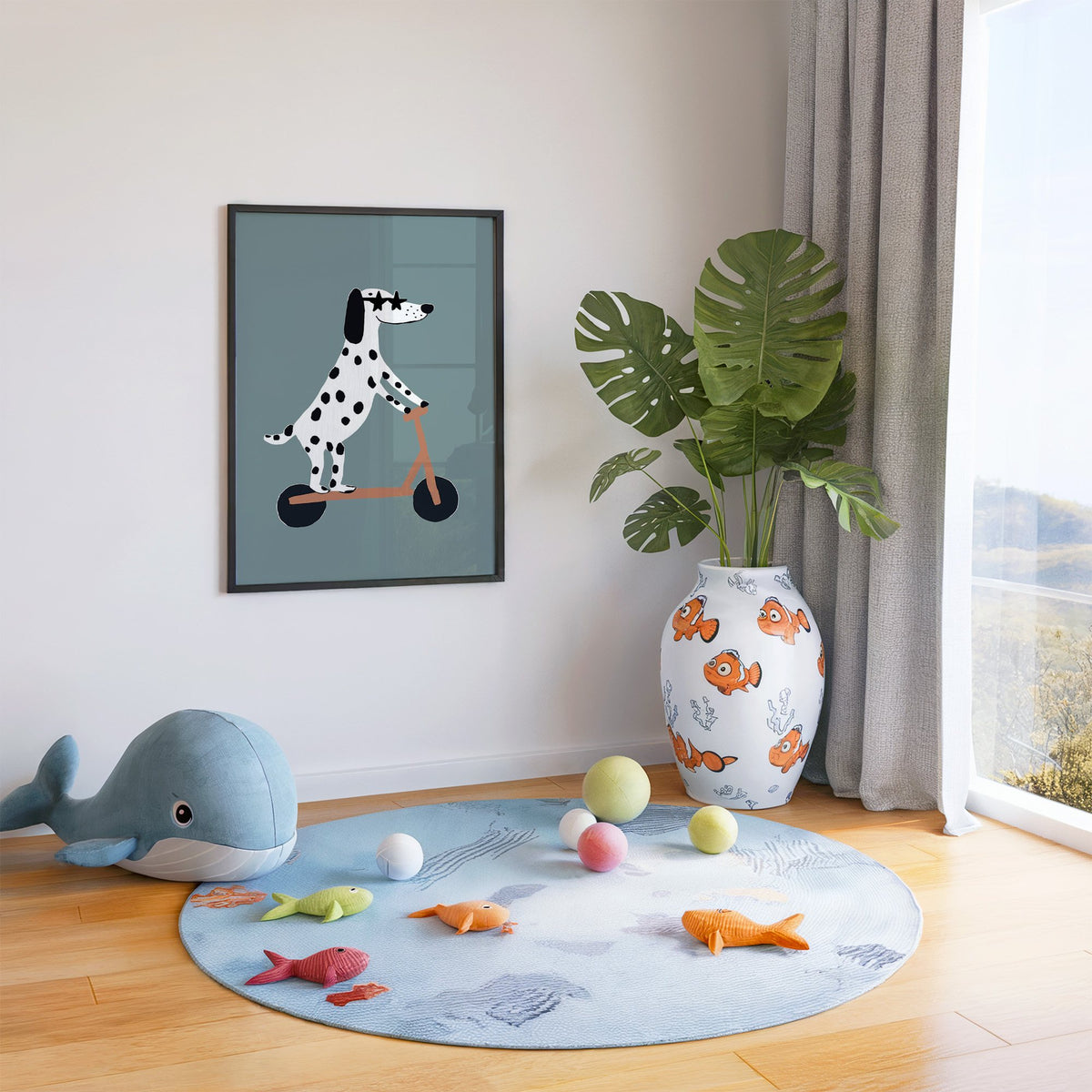 Dalmatian on scooter star glasses nursery print in a black frame in a playroom with an ocean rug and whale plush
