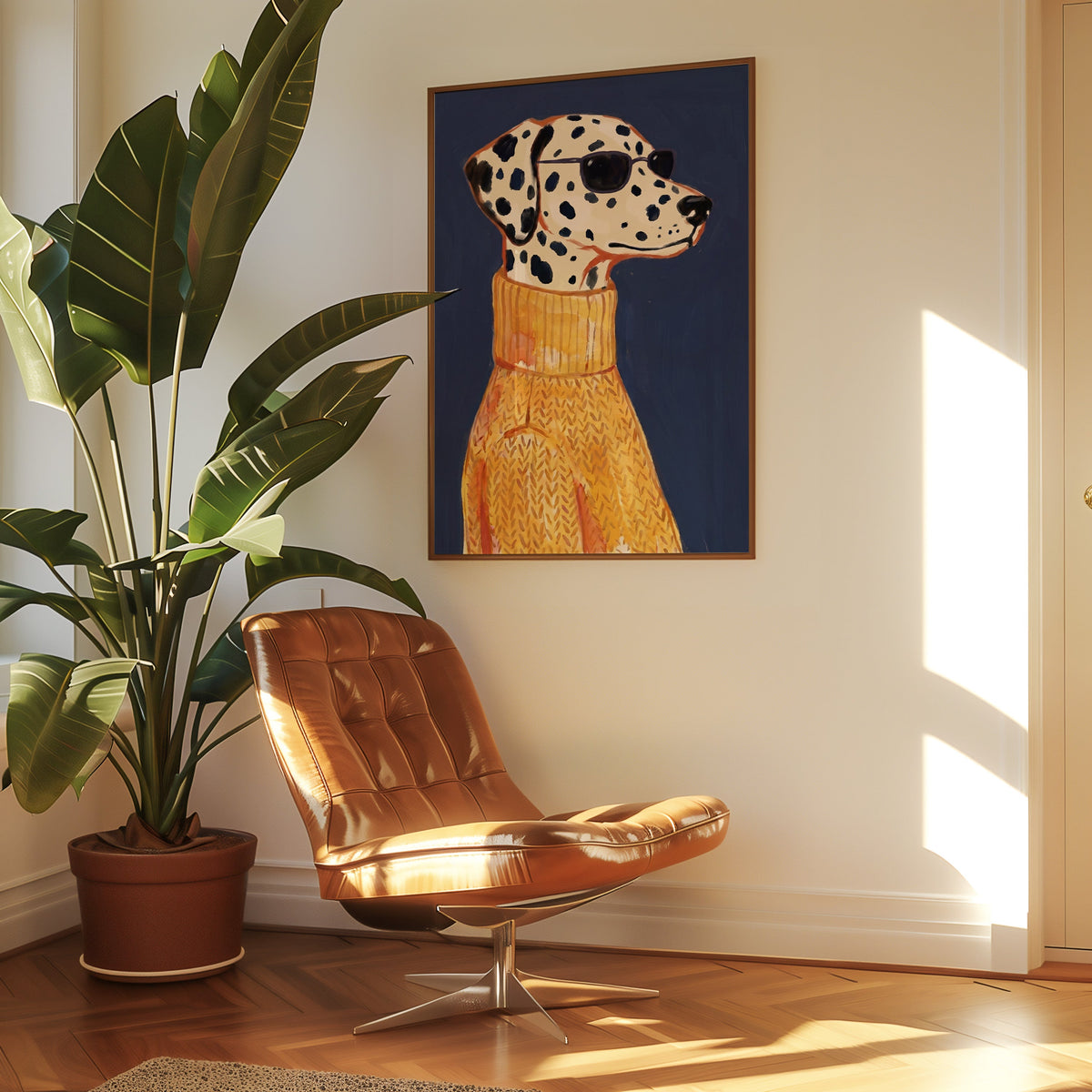 Dog in yellow sweater print in a slim walnut frame above a tan leather lounge chair