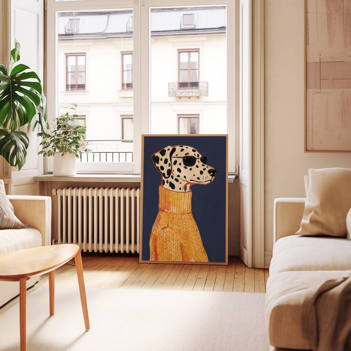 Cool Dalmatian print in an oak frame leaning below tall French windows