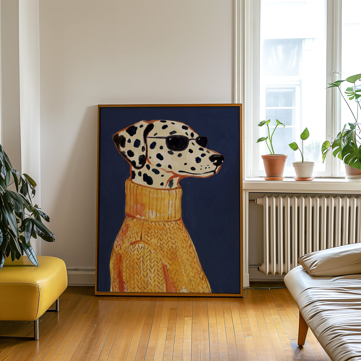 Fashion dog portrait print in an oak frame leaning beside a yellow leather bench