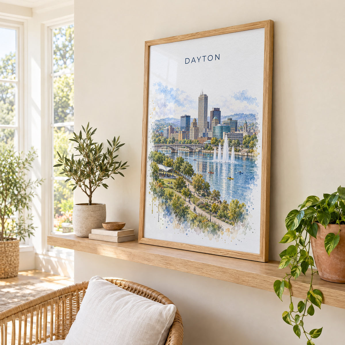 Dayton, Ohio watercolor print in an oak frame on a picture ledge in a sunlit sunroom