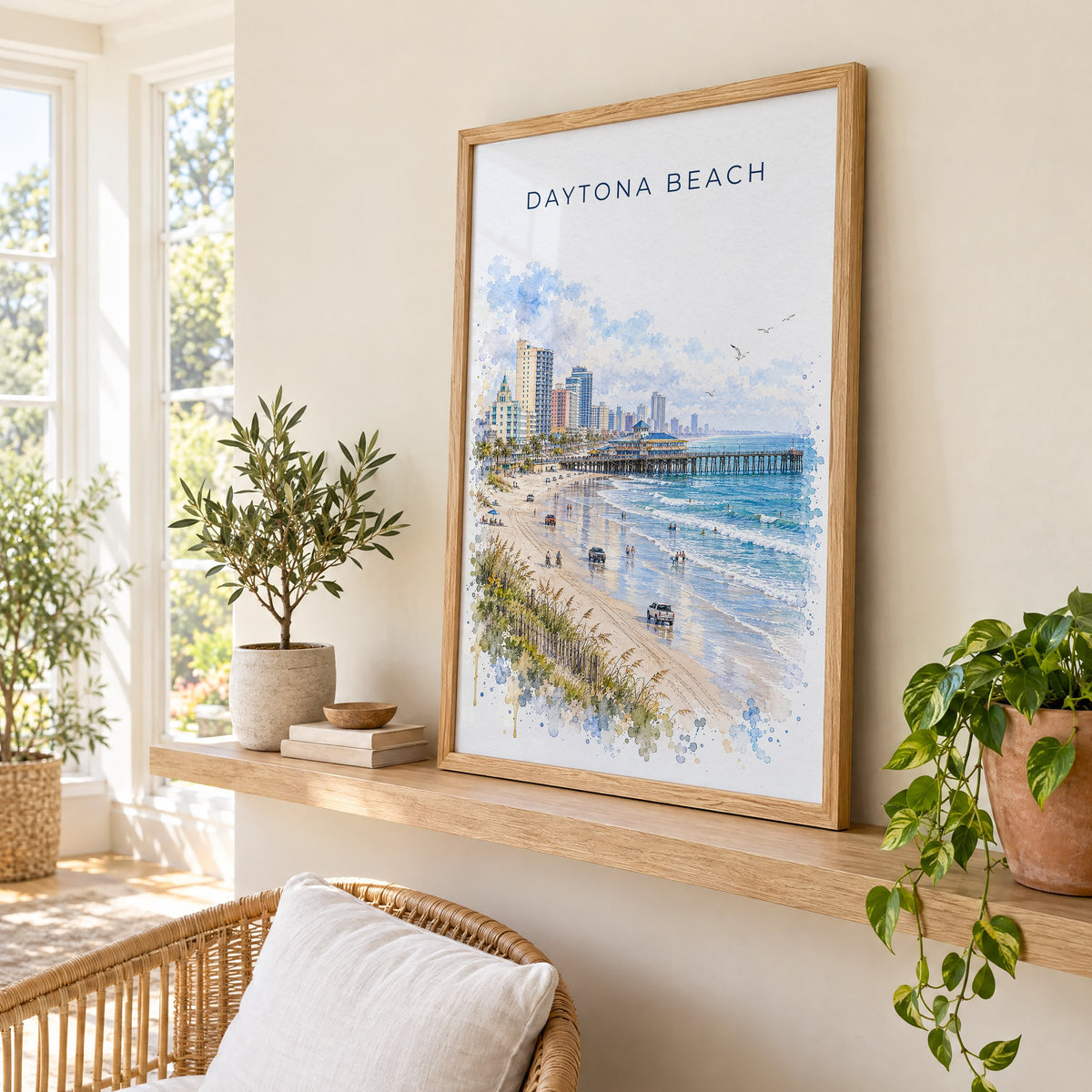 Daytona Beach watercolor print in an oak frame on a picture ledge in a sunlit sunroom