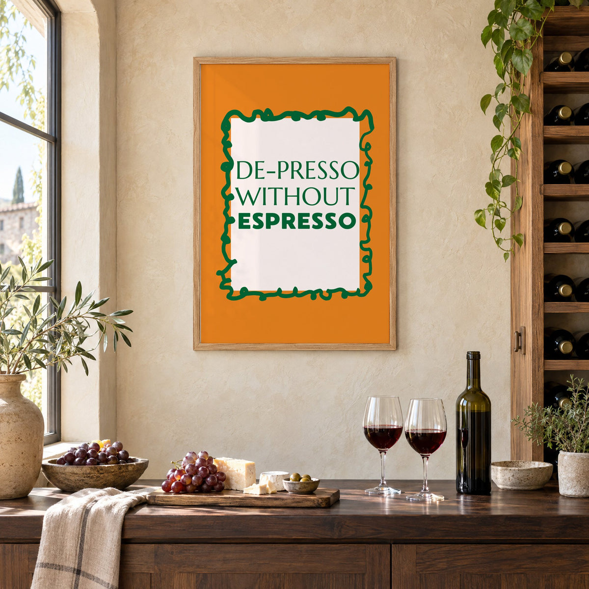 DE-PRESSO WITHOUT ESPRESSO type print in an oak frame on a limewashed wall above a wine counter with red wine, cheese and grapes