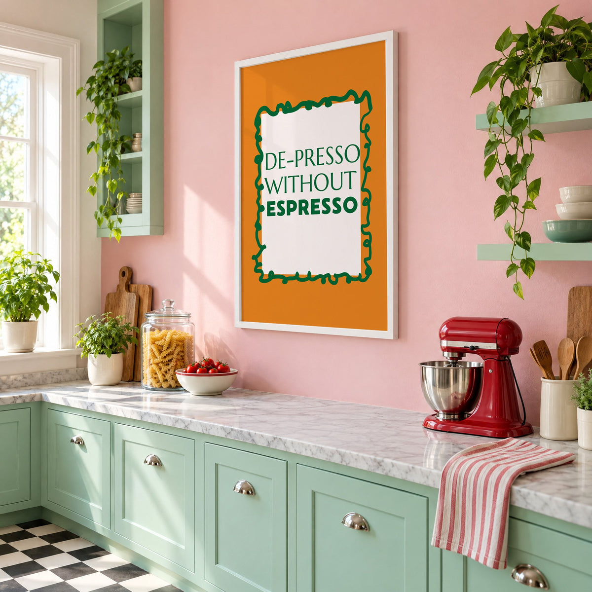 DE-PRESSO WITHOUT ESPRESSO type print in a white frame on a pink wall above mint green cabinets in a retro kitchen, seen at an angle