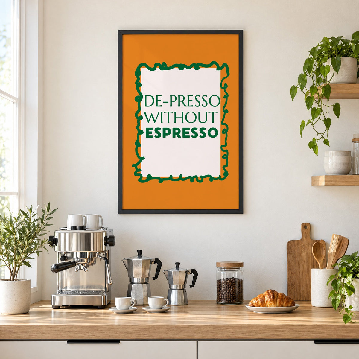 DE-PRESSO WITHOUT ESPRESSO type print in a black frame above a home espresso bar with moka pots and espresso cups