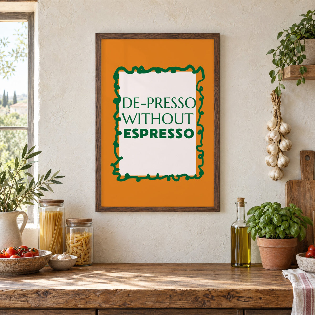 DE-PRESSO WITHOUT ESPRESSO type print in a walnut frame above a rustic Italian pantry counter with pasta jars, garlic and tomatoes
