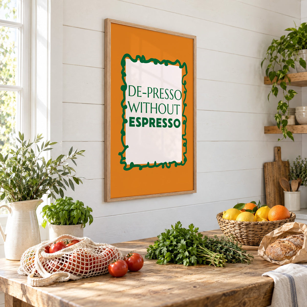 DE-PRESSO WITHOUT ESPRESSO type print in an oak frame on a shiplap wall above a farm table with market tomatoes and citrus, seen at an angle