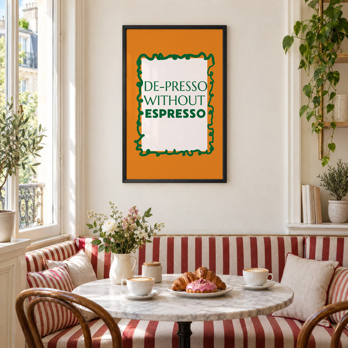 DE-PRESSO WITHOUT ESPRESSO type print in a black frame above a striped cafe breakfast nook with cappuccino and pastries