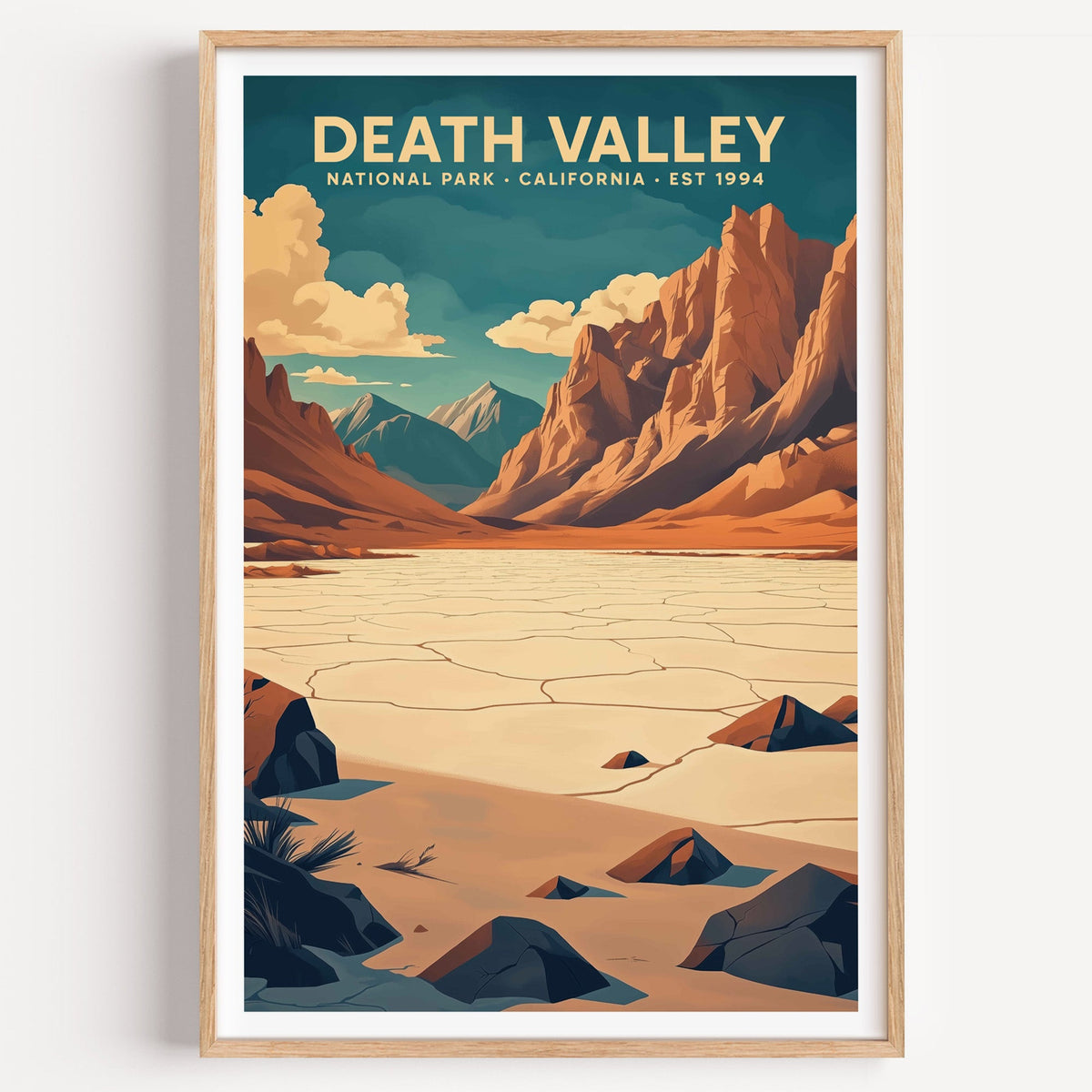 Death Valley National Park illustrated print: cracked salt flats below peaks, in an oak frame