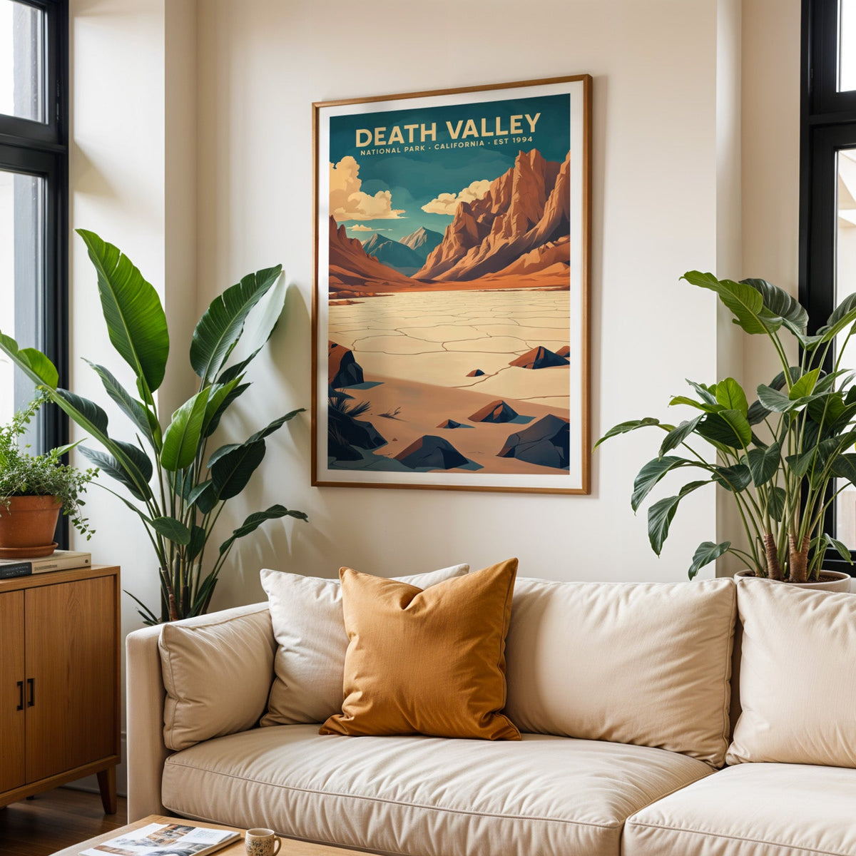 Death Valley National Park print in an oak frame above a cream living room sofa