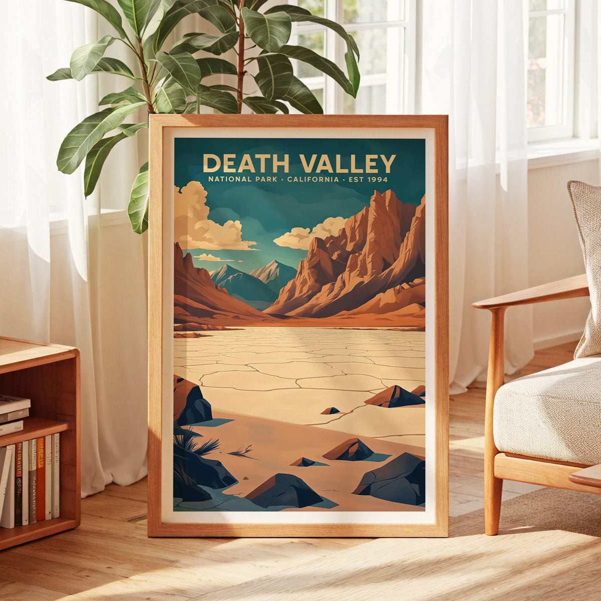 Death Valley National Park print in an oak frame by a sunlit window with sheer curtains