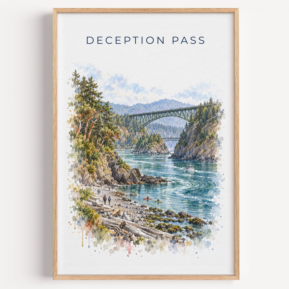 Deception Pass watercolor print in a light oak frame on a plain white wall