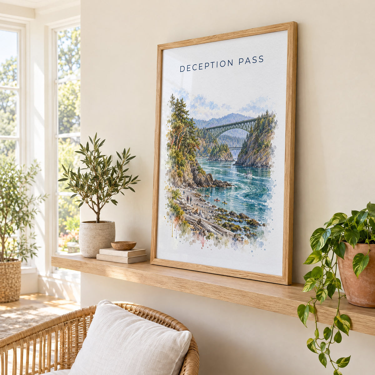 Deception Pass watercolor print in an oak frame on a picture ledge in a sunlit sunroom