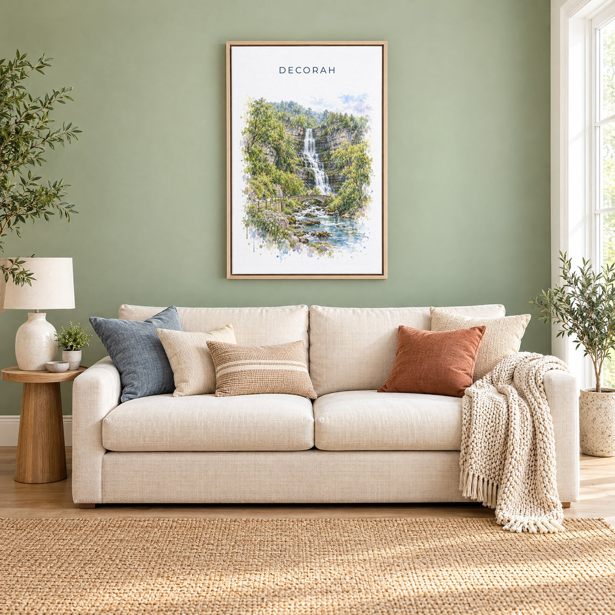 Decorah, Iowa watercolor print as a natural floater canvas above a cream linen sofa on a sage green wall