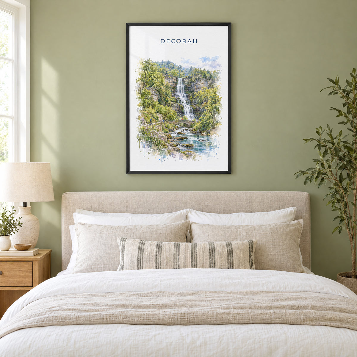 Decorah, Iowa watercolor print in a black frame above an upholstered headboard in a sage green bedroom