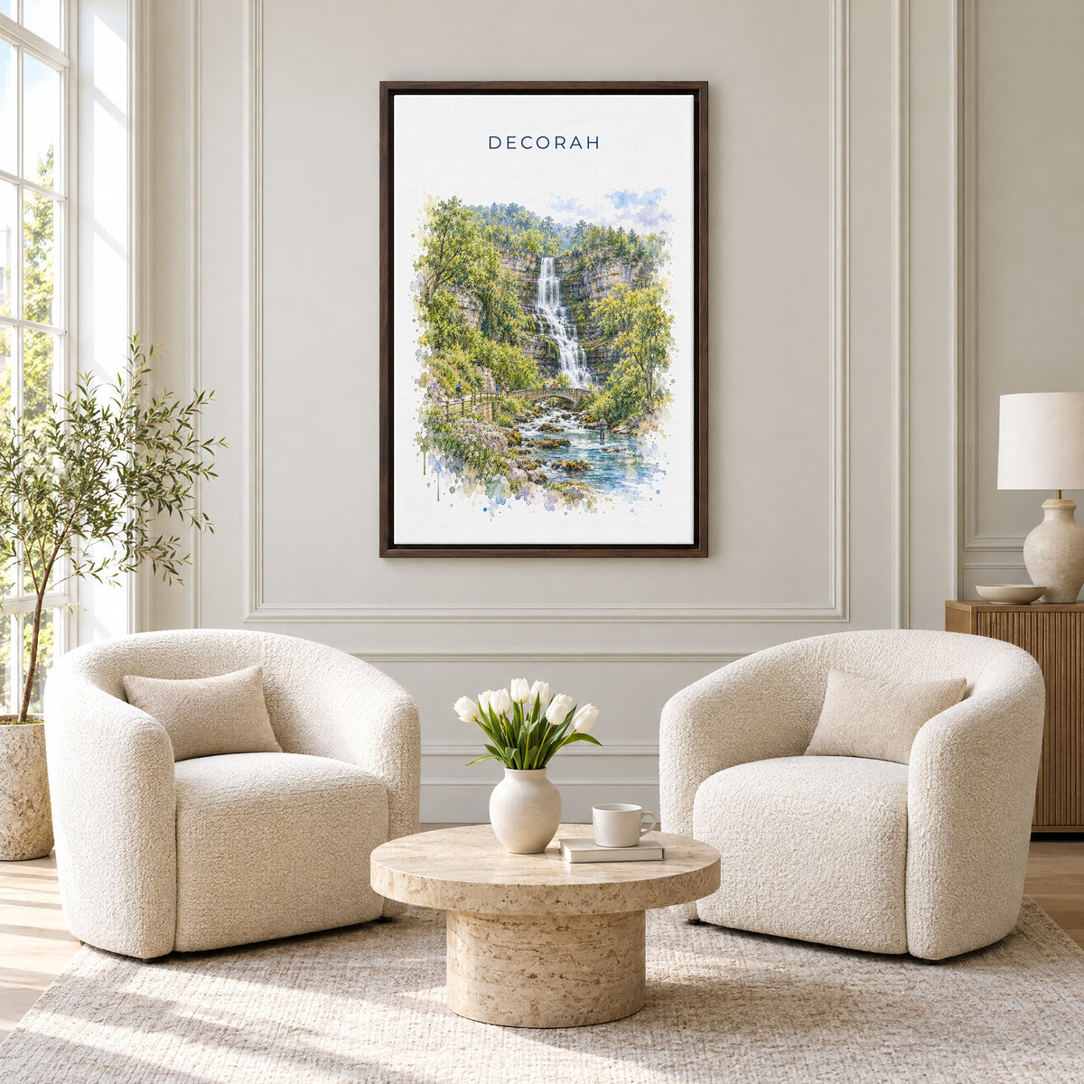 Decorah, Iowa watercolor print as an espresso floater canvas above two boucle armchairs in a hotel lounge