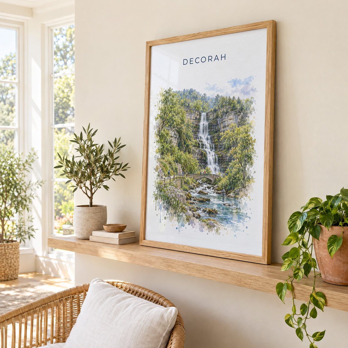 Decorah, Iowa watercolor print in an oak frame on a picture ledge in a sunlit sunroom