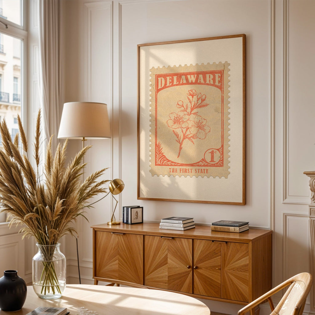 Delaware stamp print framed above a wooden sideboard, pampas grass in a glass vase and a floor lamp