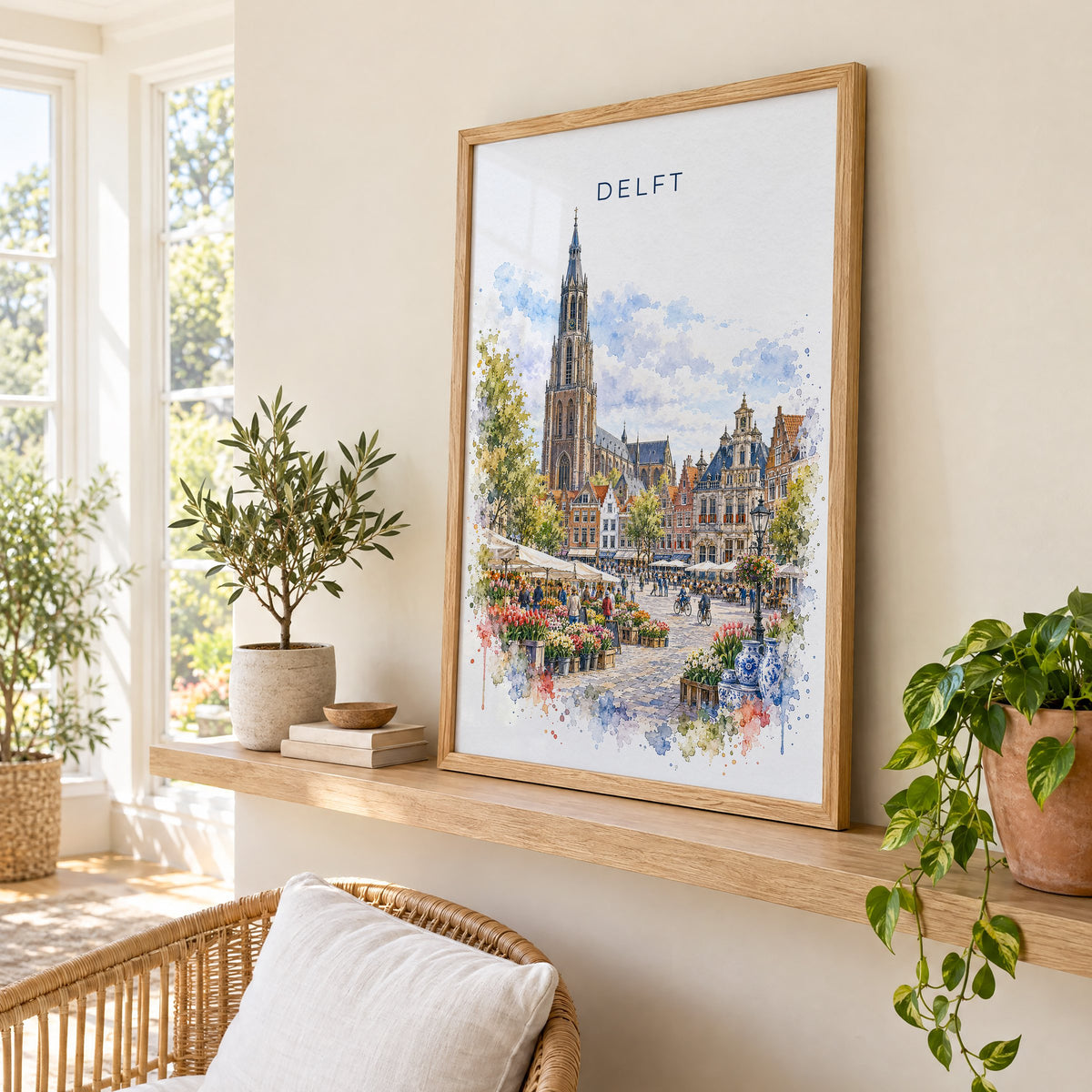 Delft watercolor print in an oak frame on a picture ledge in a sunlit sunroom