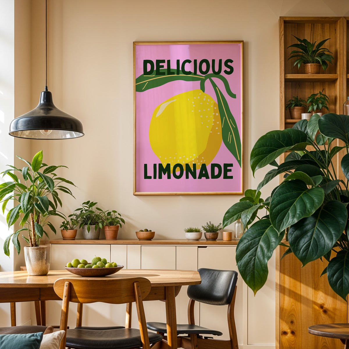 Delicious Limonade print in an oak frame in a dining room above a plant-lined sideboard