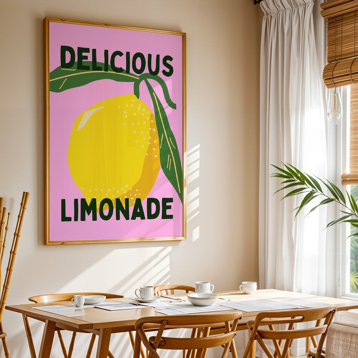 Delicious Limonade print shown in a gold frame above a breakfast table by a curtained window