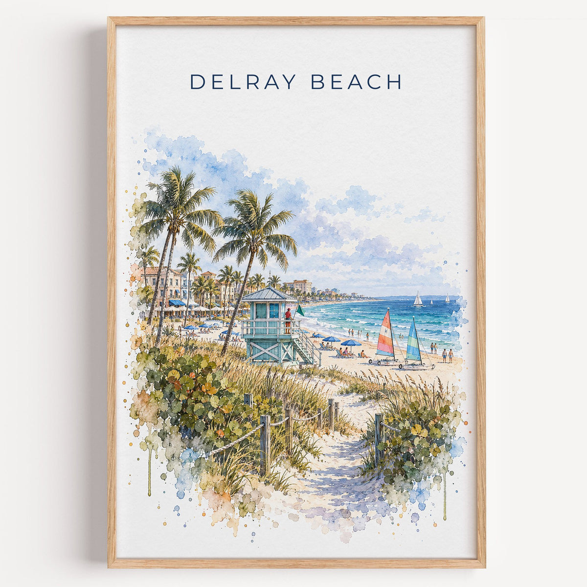 Delray Beach watercolor print in a light oak frame on a plain white wall
