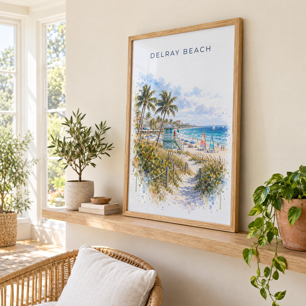 Delray Beach watercolor print in an oak frame on a picture ledge in a sunlit sunroom