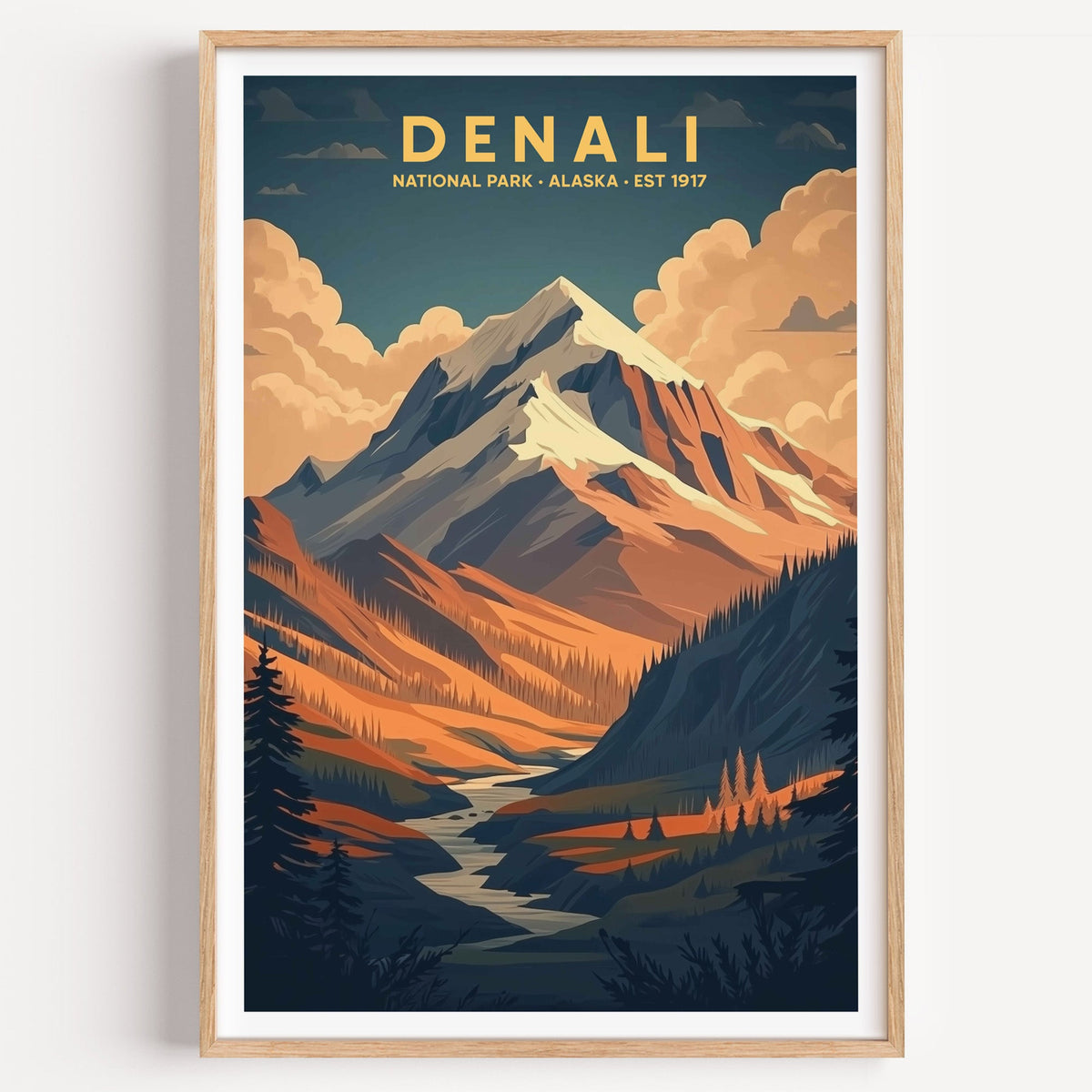 Denali National Park illustrated print: a snow peak above a braided river, in an oak frame