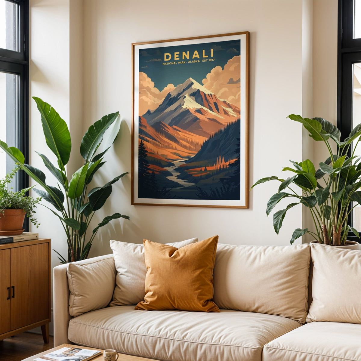 Denali National Park print in an oak frame above a cream living room sofa with an ochre cushion