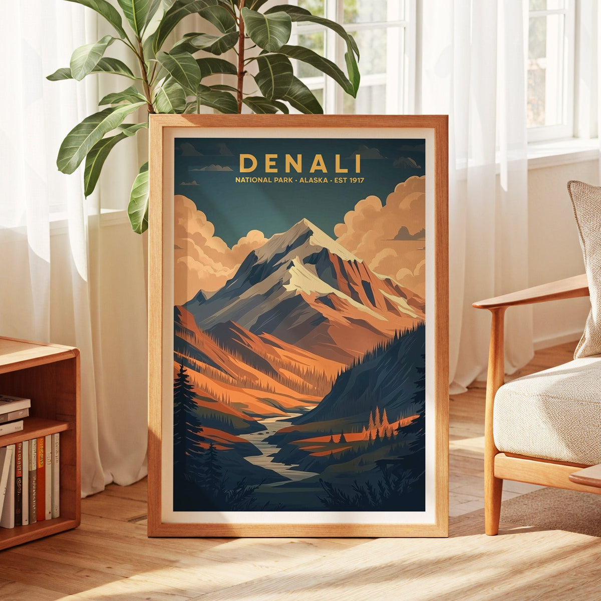 Denali National Park print in an oak frame by a sunlit window with sheer curtains and a fig plant