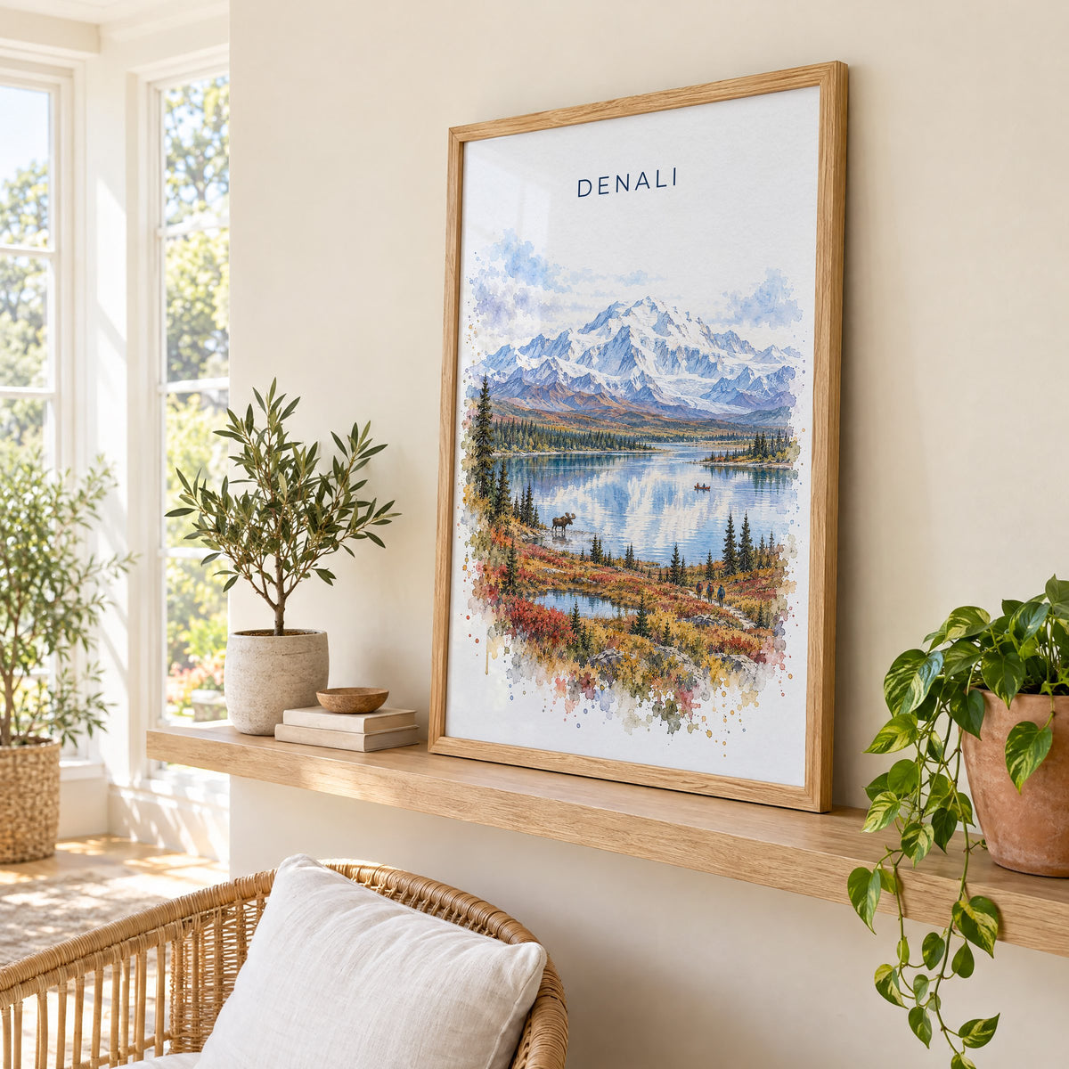 Denali National Park watercolor print in an oak frame on a picture ledge in a sunlit sunroom