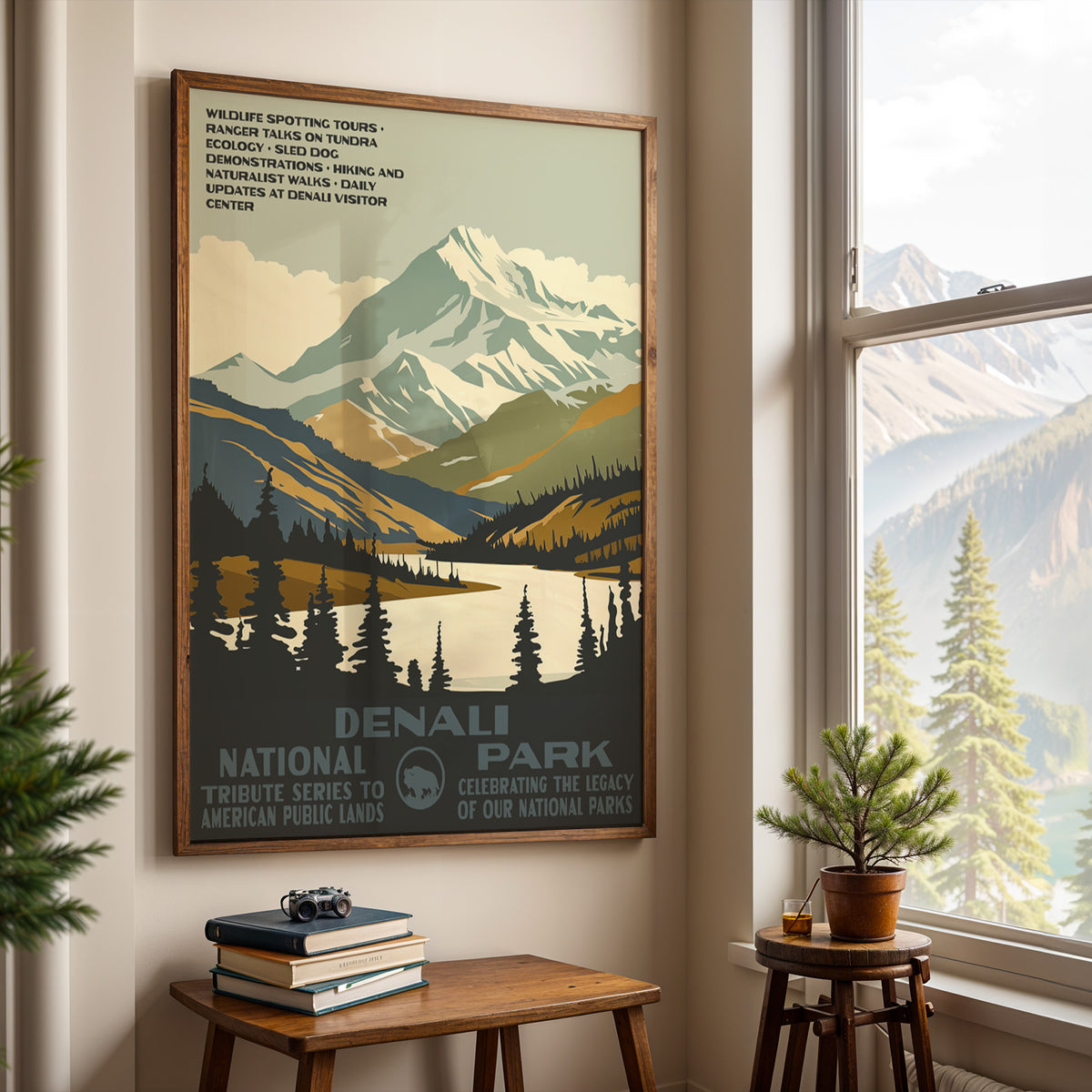 Denali National Park wall art hung by a window with a mountain view and a side table