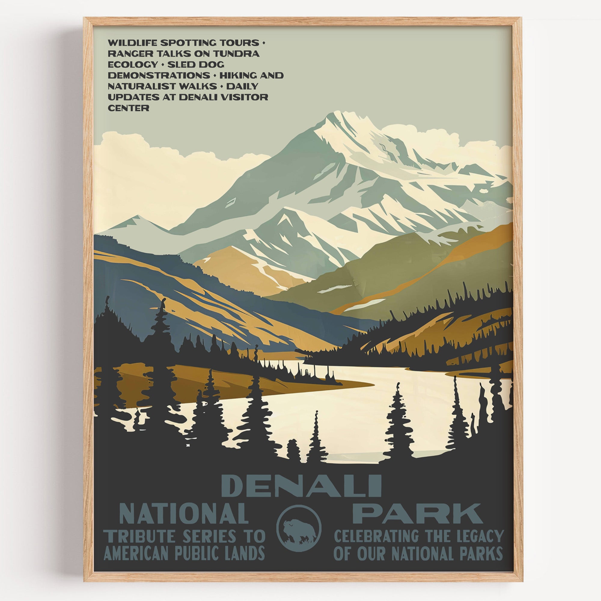 Denali National Park wall art print in a thin wood frame, the snow-covered summit above a lake and dark spruce