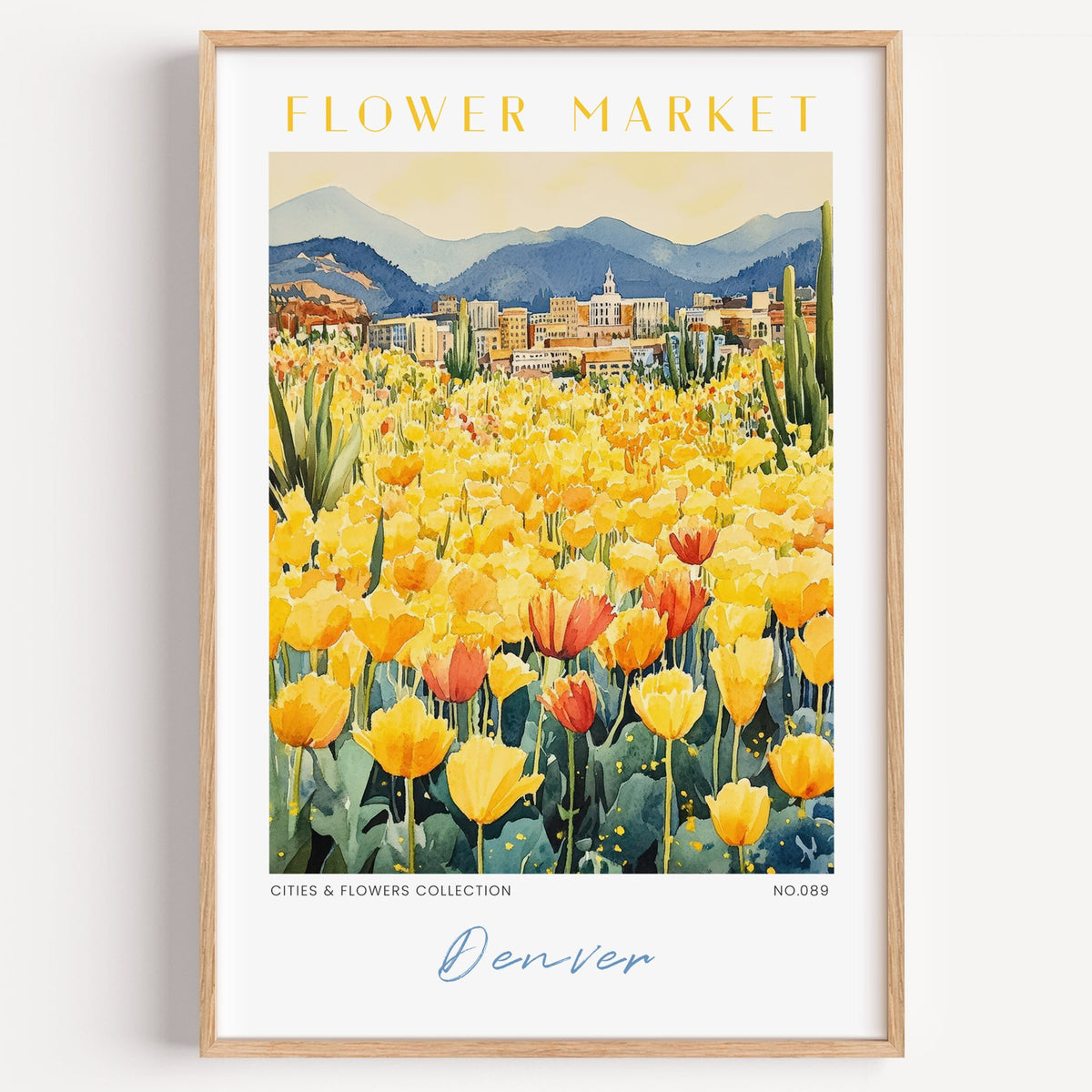 Denver flower market print in a light oak frame on a plain white wall