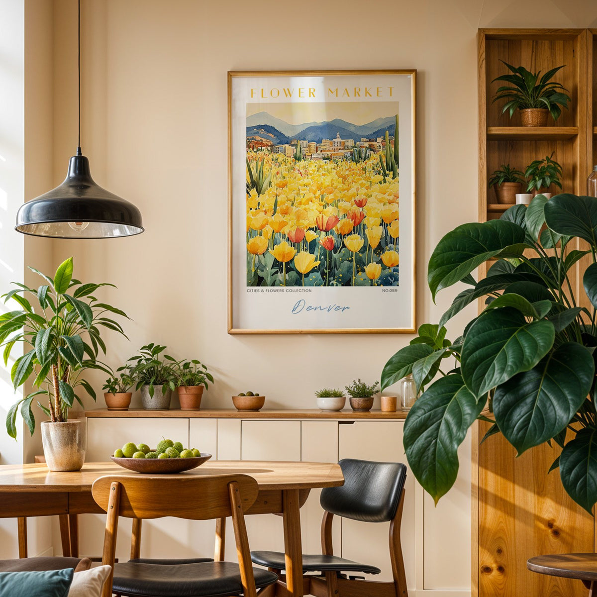 Denver flower market print in an oak frame above a dining sideboard lined with potted plants