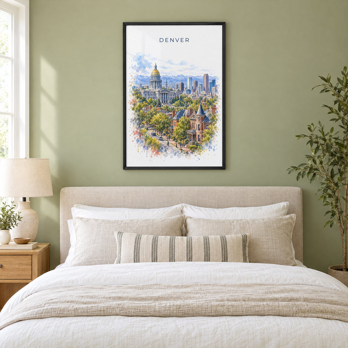 Denver watercolor print in a black frame above an upholstered headboard in a sage green bedroom