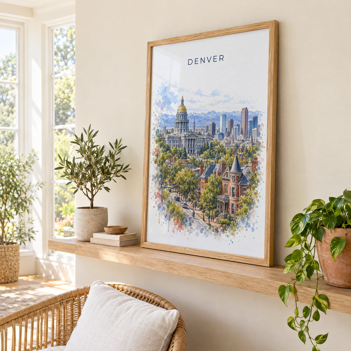 Denver watercolor print in an oak frame on a picture ledge in a sunlit sunroom